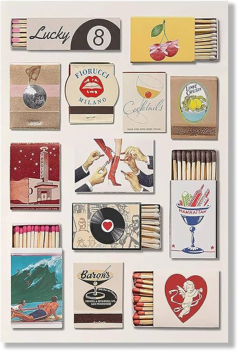 Amazon.com: Vintage Matchbook Prints Painting Trendy Coastal Cowgirl Matches Poster Retro Eclectic Matchbox Canvas Wall Art Funky Match Box Aesthetic Room Wall Decor for Bar Cart Unframed 12x16inch: Posters & Prints Aesthetic Room Wall Decor, Matchbox Gift, Martine Sitbon, Box Aesthetic, Wall Art Funky, Retro Eclectic, Nyc Print, Art Funky, Dorm Room Inspo