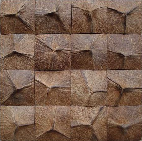 Coconut Shell Mosaic Coconut Crafts, Interior Design Degree, Coconut Shell Crafts, Shell Mosaic, Coconut Wood, Tiki Hut, Bamboo Fence, Wood Mosaic, Feature Walls