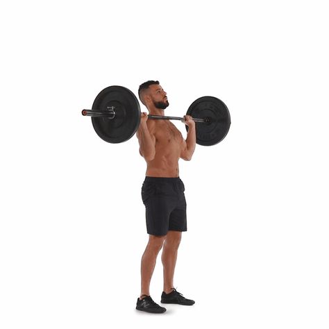 Stand holding a barbell at shoulder level, your palms facing forward. Dip down... Kettlebell Illustration, Barbell Complex Workouts, Workout Kettlebell, Intense Cardio Workout, Weight Training Programs, Kettlebell Exercises, Barbell Workout, Aerobics Workout, Circuit Workout