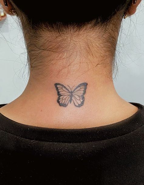 butterfly fine line tattoo lower neck Butterfly Back Neck Tattoo, Back Of Neck Butterfly Tattoo, Butterfly On Back Of Neck, Butterfly Tattoo Back Of Neck, Neck Tattoo Butterfly, Neck Tattoo Back, Butterfly Tattoo Neck, Tattoo On Back Of Neck, Butterfly Tattoo On Back