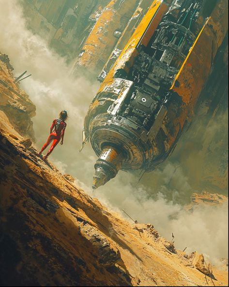 Chelah stood on the edge of the ravine, her red suit stark against the ochre landscape. The colossal drill lay partially buried, its engines silent but still radiating heat. It had crashed during its mission to reach the planet’s core, a last-ditch effort to harvest the rare minerals needed for humanity’s survival. Her mission: retrieve the reactor core before the scavengers arrived. The air was thick with dust and tension as she descended, each step bringing her closer to the massive machin... Space Rocket Concept Art, Space Western Aesthetic, Space Exploration Aesthetic, Futuristic Explorer, Retro Sci Fi Aesthetic, Old Spaceship, Spaceship In Space, Space Station Concept Art, Vintage Sci Fi Art