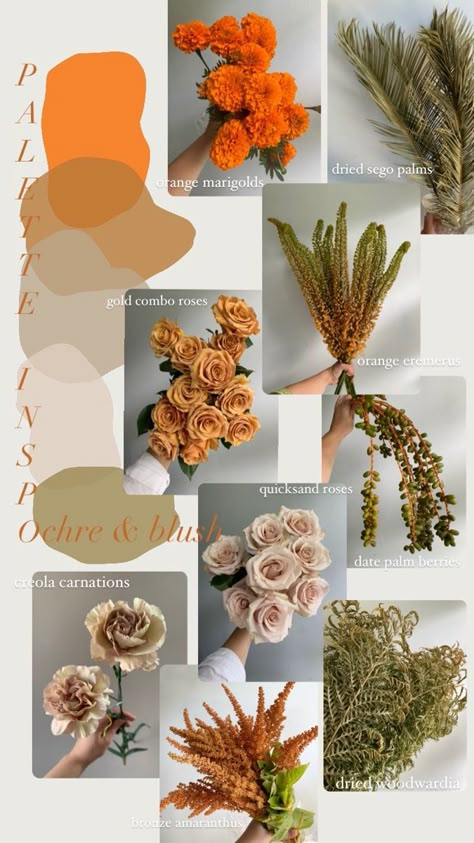 Roses, carnations, marigolds, and dried foliage in gold, orange, bronze, and blush. Combo Rose Bouquet, Dried Flower Orange, Marigold Color Palette Weddings, Marigolds Wedding Bouquet, Marigold Bouquet Wedding, Marigold Wedding Bouquet, Mustard Wedding Flowers, Orange Flower Arrangements, Marigold Wedding Decoration