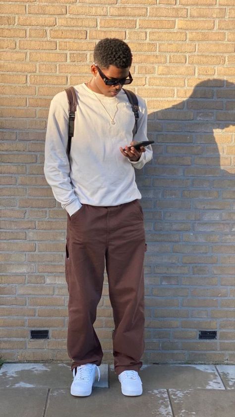 Tan Streetwear Outfit, Simple Outfits Men Street Fashion, Simple Street Style Outfit Men, Brown And White Outfit Men, Brown Skin Outfit Men, Brown Boys Aesthetic, Brown Pants Outfit Men Street, Casual Outfits For Men Simple, Brown Outfit Aesthetic Men