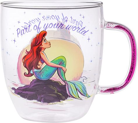 Disney Princess Rocks Moon Glitter Handle Glass Mug with Ariel Design, Perfect for Hot or Cold Beverages and Can Also Be Used as a Collectible, Pen Holder or Paperweight. Princesa Ariel Disney, Clear Glass Coffee Mugs, Disney Mug, Coffee And Cake, Princess Stuff, Ariel Little Mermaid, Fun Graphics, Mermaid Mugs, Part Of Your World