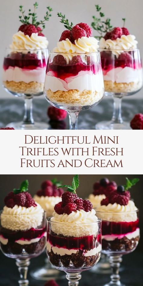 These Delightful Mini Trifles are layered with fresh fruits, creamy custard, and soft sponge—an elegant and refreshing dessert perfect for any occasion!  Ingredients:  1 pack of sponge fingers or ladyfingers 1 cup of mixed fresh berries (strawberries, raspberries, blueberries) 2 cups of custard 1 cup of whipped cream 1/4 cup of jelly (prepared and set) 2 tablespoons of berry jam 1/4 cup of shredded coconut (optional) 1 tablespoon of chopped pistachios (optional) Fresh mint leaves for garnish Strawberry Trifle Cups, Strawberry Pudding Cups, Mini Trifle Recipes, Mini Christmas Trifle Desserts, Mini Trifle Cups, Triffle Desserts Cups, Mini Trifle Desserts, Mini Parfaits, Trifle Cups