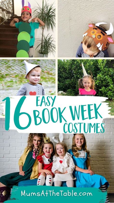 5 different photos of children dressed up. The Hungry Caterpillar. The Gruffalo. The Tin Man. Thelma the Unicorn. Alice in Wonderland characters. Dress Up Like A Book Character Easy, Costumes To Make At Home, Girl Book Characters, Easy Book Character Costumes, Book Week Costume Ideas, Story Book Costumes, Easy Book Week Costumes, Kids Book Character Costumes, Book Week Costumes