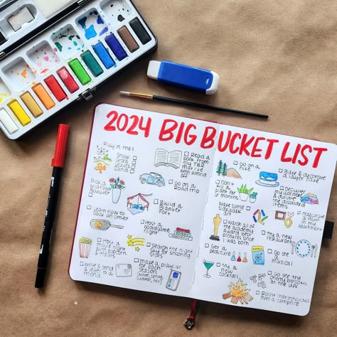 Bucket List Diy Journals, Bucket List Bujo Layout, In And Out 2024 List, Bucketlist Journal Page, Diy Bucket List Journal, 2024 Ins And Outs List Journal, Journaling Bucket List, 2025 Bucket List Bullet Journal, Bucket List Scrapbook Ideas