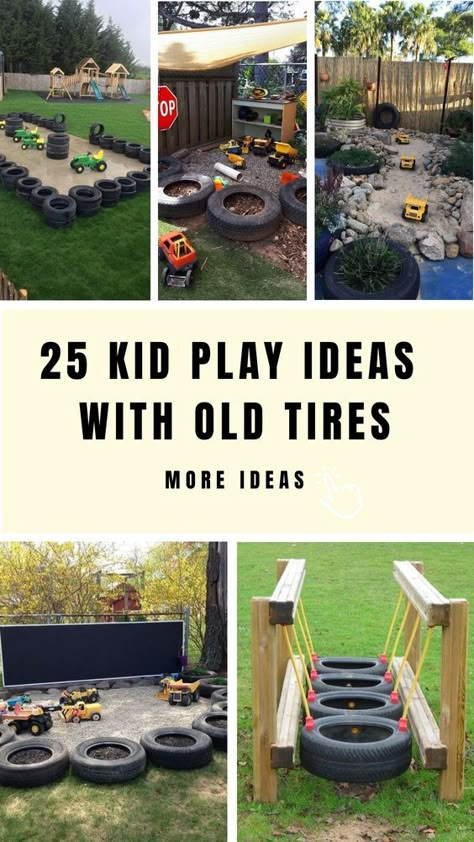 Elevate the fun of play with innovative kid play concepts featuring old tires! Discover exciting tire swing designs, adventurous obstacle courses, and engaging balance beams that encourage physical activity and spark creativity. Transform your backyard into a dynamic playground by repurposing old tires. Let your kids unleash their imagination and enjoy endless hours of outdoor entertainment with these unique play ideas! Outdoor Toys To Make, Tire Kids Play Playground Ideas, Tire Playground Ideas Backyards, Kindergarten Backyard Ideas, Tires On Playground, Tire Outdoor Play, Fun Playground Ideas, Tyre Playground Ideas, Backyard Tire Ideas For Kids