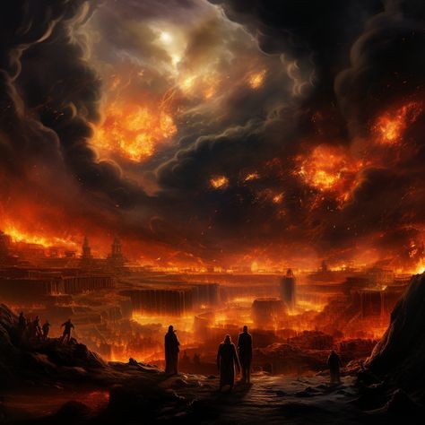 A raging fire consumes the land. Fire Giants, Burning City, Apocalypse Art, Flame Art, World On Fire, My Fantasy World, Fantasy City, Dark Art Illustrations, Fantasy Aesthetic