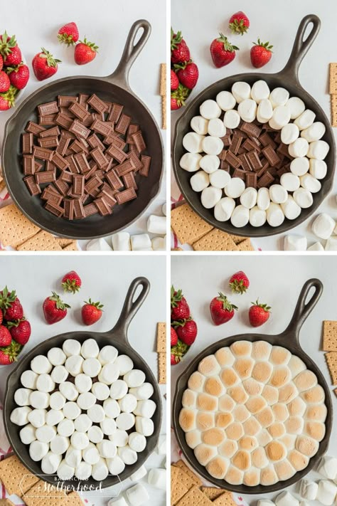 This easy ooey-gooey s’mores dip is the perfect treat that combines combines creamy chocolate, fluffy marshmallows, and graham crackers to make the most delicious treat ready in under 10 minutes! The cast-iron pan keeps it hot while you eat it! How To Make Smores, Smore Dip, Knitwear Summer, Smores Dip, Smores Dessert, Smore Recipes, Men Knitwear, Summer Foods, Sleepover Food