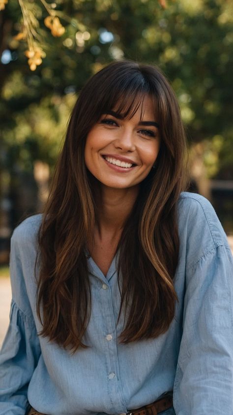 Dark Brown Hair Celebrities, Dark Features Hair Color, Long Brown Hair Fringe, Hair Lights For Dark Hair, Dark Brown Hair With Fringe Bangs, Mixed Brown Hair, Light Brown Hair With Highlights Caramel Curtain Bangs, Dark Features Women, Long Dark Brown Hair With Bangs