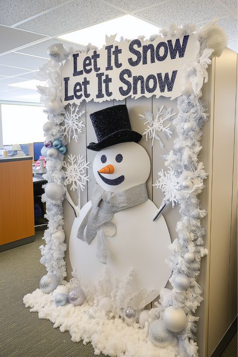 A cheerful snowman is a delightful addition to your cubicle Christmas decorations. Imagine building a foam snowman with a cozy scarf and festive hat right on your cubicle wall—it’s fun and full of personality. What accessories would you add to make it stand out even more? Christmas Decorations For Work Cubicle, Winter Themed Office Decorations, Let It Snow Cubicle Decorations, Call Center Christmas Decorations, Christmas Cubicle Themes, Office Snowman Decorations, Snowman Office Decorations, Winter Decor Classroom, Desk Decorating Ideas Work Christmas