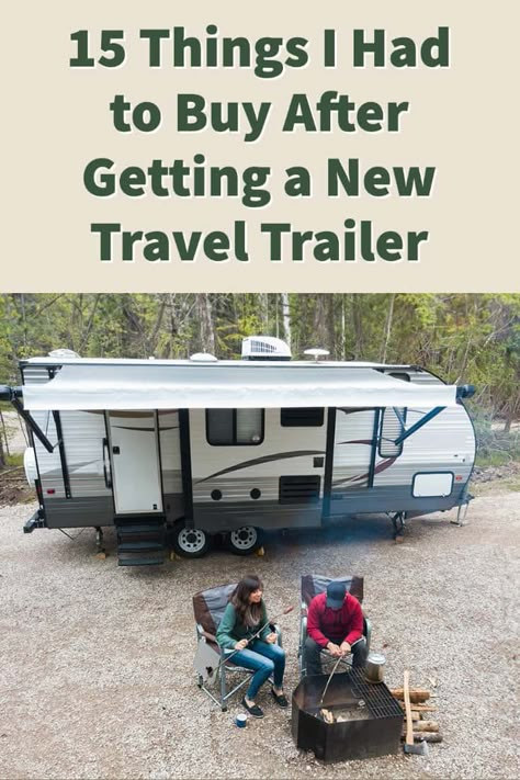 First Time Rv Camping Tips, Travel Trailer Packing List, Travel Trailer Essentials List, New Trailer Essentials, Rv Checklist Travel Trailers, Camper Trailer Must Haves, Travel Trailer Set Up Outside, Small Trailer Living, Camping Storage Ideas Travel Trailers