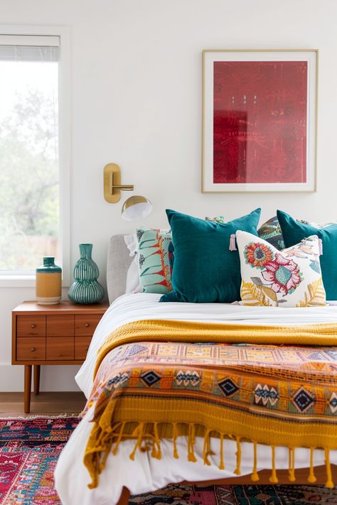 Colorful Master Bed, Colorful Mid Century Modern Bedroom, Colorful Guest Bedroom, Mid Century Eclectic Bedroom, Modern Colorful Bedroom, Eclectic Bed, Colorful Eclectic Bedroom, Bedroom Mid Century Modern, Eclectic Bedroom Ideas