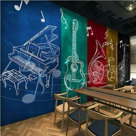 Music Mural, Notes Wallpaper, Backdrop Wallpaper, Music Room Design, Large Mural, Rock Guitar, Music School, Mural Ideas, Musical Notes