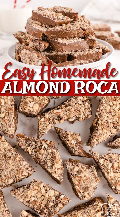 Homemade Almond Rocca, Chocolate Almond Candy Recipes, Almond Roca Bars, Homemade Almond Roca, Easy Almond Toffee Recipe, Recipes With Almonds Desserts, Almond Rocha Recipes, Toffee Almonds Recipe, Almond Roca Recipe Easy