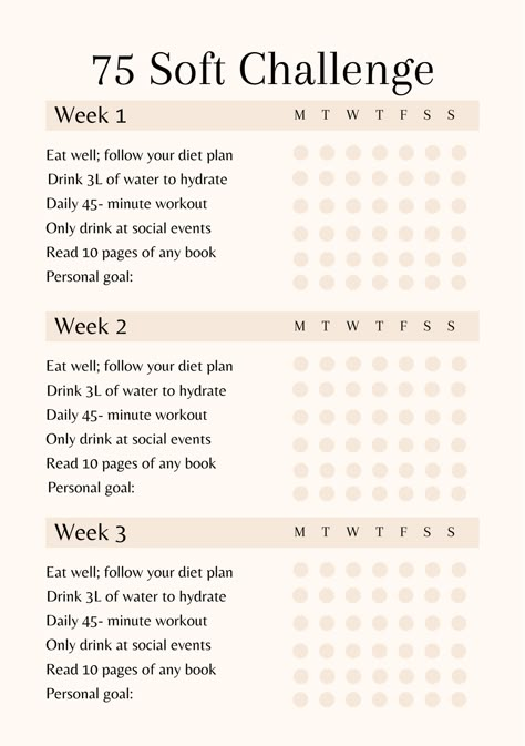 Printable 75 Soft Challenge for weight loss and health | Habit Tracker, Fitness, Workout planner 📔✨ | Gym Printable Planner 75 Hard Workout Ideas, Health Habit Tracker, 75 Soft Challenge, Soft Challenge, 45 Minute Workout, Printable Habit Tracker, 75 Soft, Tracker Fitness, Workout Planner