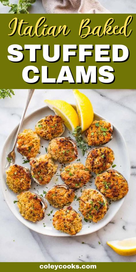 This recipe for Italian baked stuffed clams, or clams oreganata, brings together fresh littleneck clams, crispy panko breadcrumbs, and a burst of flavors from pecorino romano, parsley, white wine, and lemon juice. Perfect to kick-start any seafood dinner, this easy and delicious appetizer will transport your taste buds straight to the charming Italian coasts. Clams Oreganata Baked, Stuffed Clams Recipe New England, Recipes With Clam Juice, Baked Stuffed Clams Recipe, Chopped Baked Clams Recipe, Clam Casino Recipe, Italian 7 Fishes Dinner, Stuffed Clams Baked, Fresh Clam Recipes