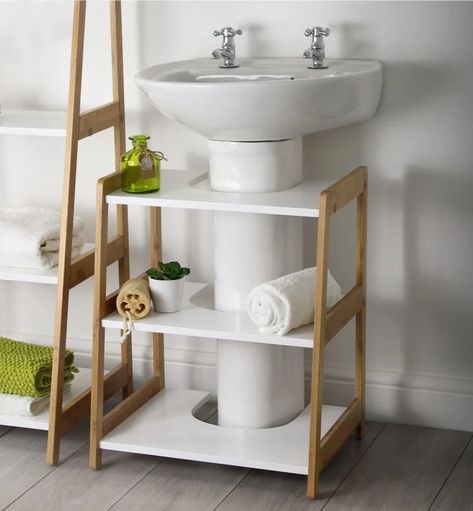 Under Sink Shelves, Pedestal Sink Storage, Sink Shelf, Small Bathroom Ideas Modern, Sink Storage, Tiny Bathrooms, Bathroom Design Decor, Downstairs Bathroom, Small Bathroom Storage