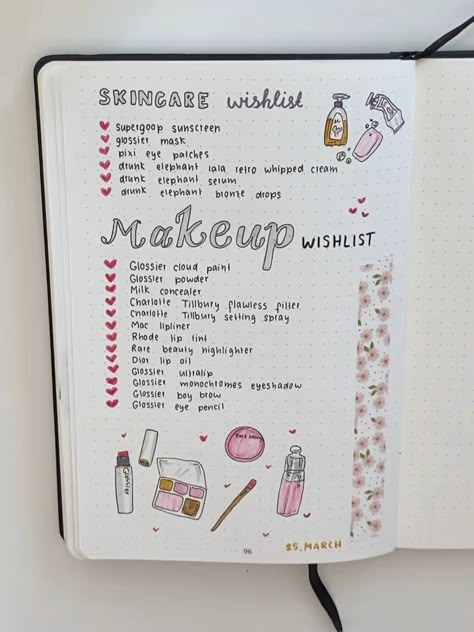 Makeup Journal Ideas, Journaling Inspiration Aesthetic, Wishlist Bullet Journal, Makeup Journal, Diary Inspiration, Dotted Journal, Bulletin Journal, Bullet Journal Page, Journal Inspiration Writing