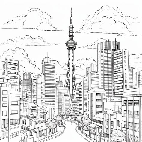 simple black and white art of a cartoonish city (Tokio, Japan - Tokio Tower) for a toddler’s coloring book Modern City Sketch, Tokyo Buildings Drawing, Tokyo City Drawing, Japan City Drawing, City Drawing Easy, Tokyo Sketch, Simple Black And White Art, Tokyo Drawing, Watercolours Art