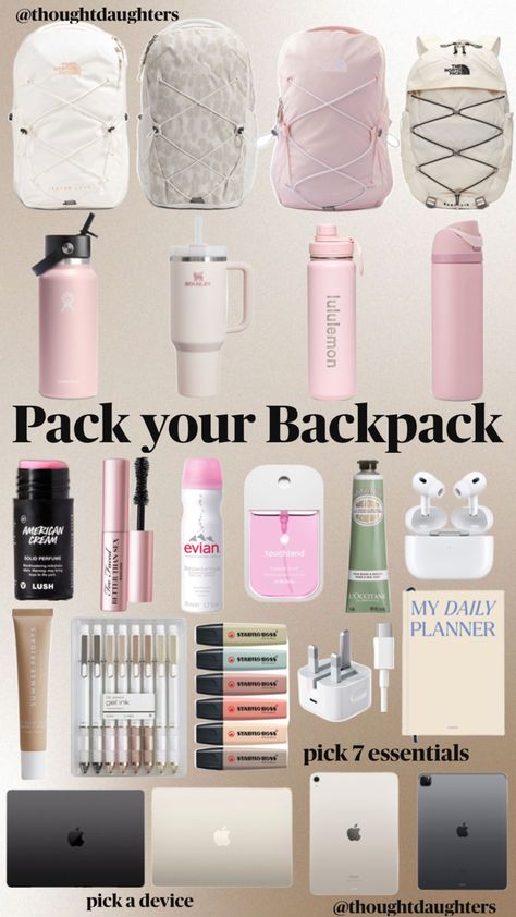 Pack your backpack, do it yourself, remix your own, comment down below, pick an option, school bag, lunch bag, what’s in my bag, what’s in my backpack, macbook air, macbook pro, ipad air, ipad pro, starlight, space black, space grey, highlighters, gel pens, school essentials, bag essentials, lip balm, water bottles, lululemon, water bottles for school, stanley cup, hydroflask, pink owala, the north face backpacks, backpacks for school, backpack inspo, back to school shopping inspo Water Bottles For School, Bottles For School, North Face Backpacks, Middle School Essentials, Beautiful Dorm Room, School Backpack Essentials, Pink Lunch Bag, In My Backpack, Girly Christmas Gifts