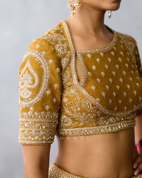 T O R A N I (@toraniofficial) • Instagram photos and videos Lehenga Blouse Embroidery Designs, Yellow Ethnic Outfit, Lengha Blouse Designs Back, Yellow Blouse Work Designs, Blouse Neck Ideas, Bride Blouse Designs Bridal, Modest Blouse Designs, Lehenga Blouse Ideas, Neck Designs For Tops