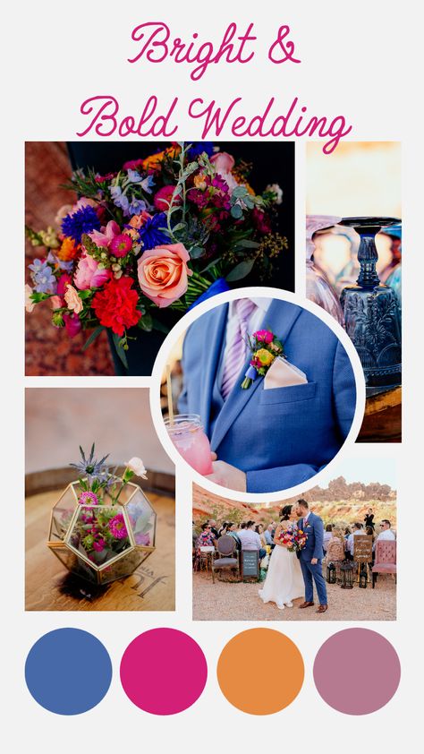 Bright and Bold Wedding Palette of blues, fuschia, orange, pink, purple and gold Wedding Colors Bright, Blue And Fuschia Wedding, Navy Blue Orange Pink Wedding, Bright Summer Wedding Colors, Sunset Wedding Palette, Pink Orange And Blue Wedding, Blue Orange Pink Wedding, Bright Wedding Color Palette, Bold Color Wedding Theme