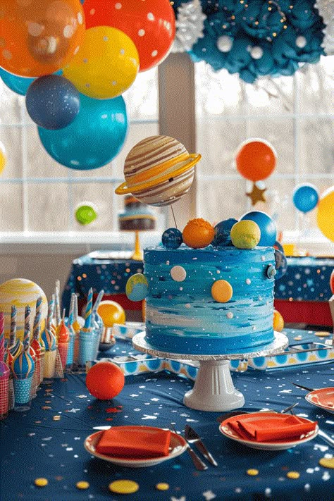 space themed birthday party for boys Three Space Birthday, Planet Birthday Theme, Space Themed 3rd Birthday Party Boys, Space Theme Party Activities, Diy Space Birthday Party, Space Mission 5 Birthday, Outer Space Birthday Theme, Space Birthday Party Theme, First Trip Around The Sun Birthday Party Diy