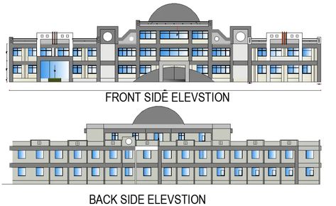 Front elevations with dome of school building details are given in this 2D Autocad DWG drawing file. Download the 2D Autocad DWG drawing file. - Cadbull School Building Design Drawing, Schools Elevation Design, School Building Elevation Design, School Building Plans Architecture, School Front Elevation Design, School Elevation Design Architecture, Small School Building Design, School Drawing Building, School Building Design Exterior