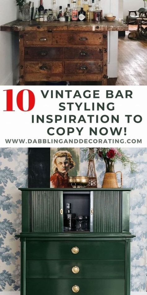 Vintage Bar Dresser, Antique Furniture Turned Into Bar, Bar Cart Nook Ideas, Vintage Bar Cabinet Styling, Bar Area In Living Room Ideas, Bar Display Ideas Home, Masculine Home Bar, Dresser As A Bar, Vintage Buffet With Mirror