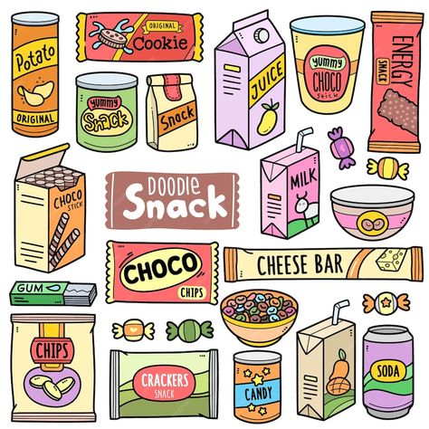 Premium Vector | Prepackaged snacks colorful vector graphics elements and doodle illustrations Prepackaged Snacks, Black And White Cupcakes, Doodle Illustrations, White Doodle, White Birthday Cakes, Dessert Illustration, Packaged Snacks, Outline Illustration, Cracker Snacks