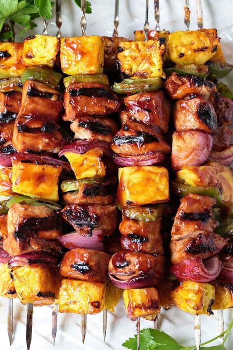 Chicken Pineapple Skewers, Hawian Chicken Kabob Marinade, Huli Huli Chicken Kabobs, Chicken Bacon Pineapple Kabobs, Shish Kabobs Shrimp, Chicken And Pineapple Kabobs, Chicken Kabobs On The Grill, Chicken And Roasted Vegetables, Chicken Pineapple Kabobs