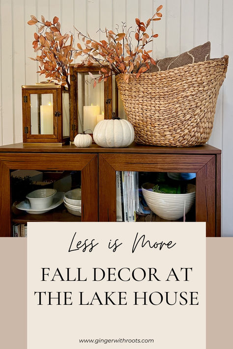 wood armoire with lanterns and basket with fall decor Lake Cabins, Lake House Decor, Less Is More, Fall Home Decor, Autumn Home, Fall Thanksgiving, Thanksgiving Decorations, China Cabinet, Holiday Home