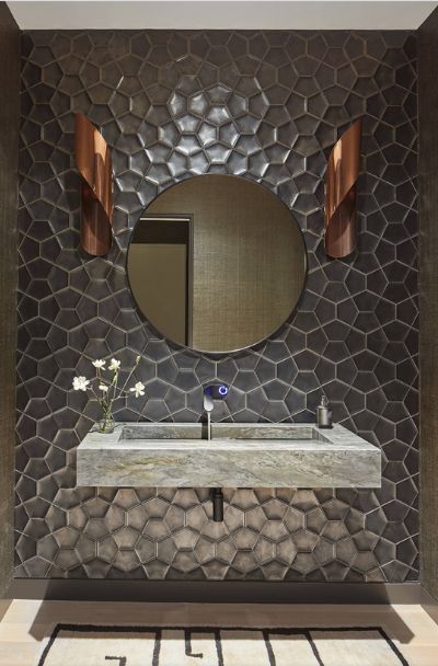 23 Metallic Tile Design Ideas For Your Kitchen & Bath Sebring Design Build Beautiful Powder Rooms, Contemporary Powder Room, Half Bath Remodel, Floating Sink, Home Design Magazines, Turkish Tiles, Dark Wood Cabinets, Modern Home Interior Design, Powder Room Design