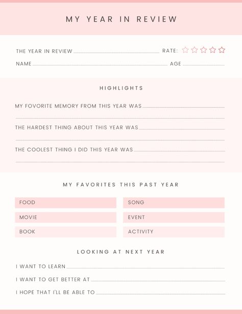 Before we move forward, let's look back! Wrap up your year with one of these free printable year-in-review pages. Perfect for the whole family!

#freeprintables #freeprintable #printable #printables #yearinreview #newyear #newyearprintables #2021inreview #2021recap #newyearactivities #newyearactivity #lookingback #goals #newyearsresolutions #newyearresolution #goal #goalsetting #memories #memory This Year I Will, Yearly Review Template, New Years Resolution List Free Printable, Year Review Template, Year Recap Journal, New Years Goals Template, 2024 Goals Template, Year Review Questions, New Year Goals Template