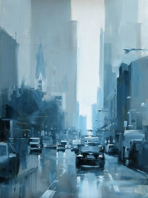 Monochromatic Art Painting, Qiang Huang, Monochromatic Watercolor, Monochromatic Painting, Day In Chicago, Monochrome Painting, Monochromatic Art, Skyline Painting, City Scapes