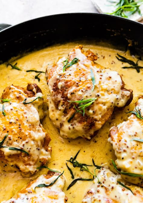 Chicken Thighs with Creamy Mustard Sauce Recipe - CucinaByElena Chicken Thigh Recipes Creamy, Mustard Sauce For Chicken, Honey Mustard Chicken Thighs, Mustard Sauce Recipe, Mustard Chicken Thighs, Chicken Thighs Dinner, Mustard Chicken Recipes, Creamy Mustard Sauce, Seared Chicken