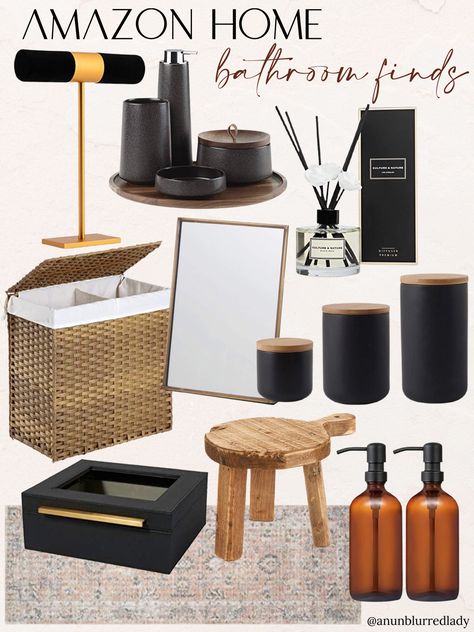 Beautiful timeless bathroom decor and #organization finds! #Founditonamazon #amazonhome Bathroom Modern Decor Ideas, Casaluna Bath Decor, Black Brown Bathroom Decor, Sleek Bathroom Decor, Brown Black Bathroom Ideas, Man’s Bathroom Decor, Masculine Bathroom Mood Board, Chocolate Bathroom Decor, Elevate Bathroom Decor