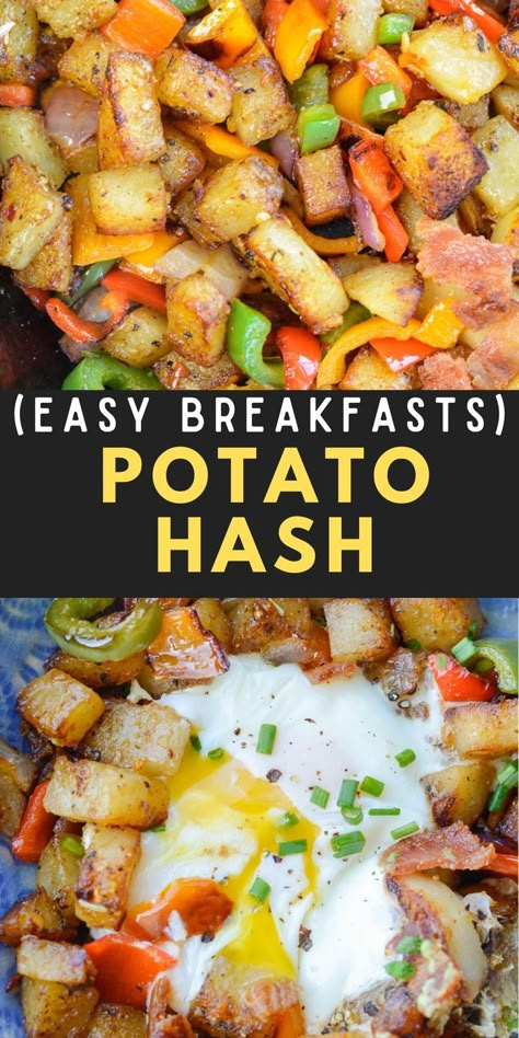 This delicious Potato Hash Recipe is perfect for a weekend breakfast! Crispy bacon and potatoes are cooked with tender peppers and onions for a breakfast skillet packed with flavor. Healthy Recipes Breakfast, Bacon And Potatoes, Breakfast Hash Recipes, Potato Hash Recipe, Breakfast Skillet Recipes, Potato Breakfast Recipes, Easy Breakfast Recipes, Veggie Breakfast, Hash Recipe