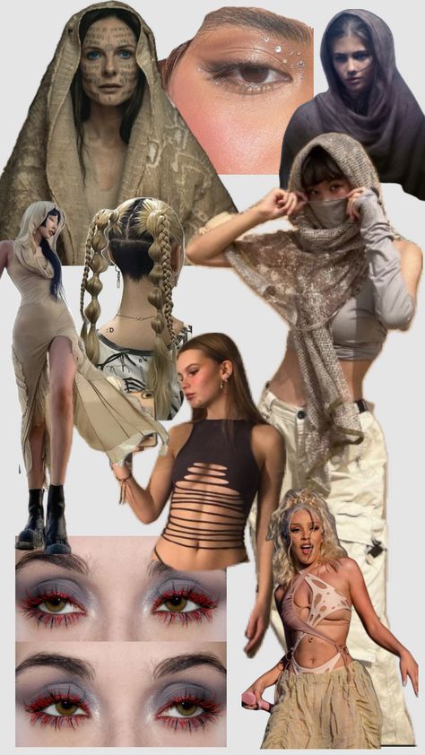 bonnaroo dune inspired outfit #dune #bonnaroo #festivalfashion #desertlooks #burningman Outside Rave Outfit, Apocalyptic Rave Outfit, Dune Costumes Halloween, Steampunk Festival Outfit, Halloween Costumes For Raves, Dune Inspired Outfit Rave, Mad Max Inspired Outfits, Futuristic Festival Outfit, Camo Rave Outfit