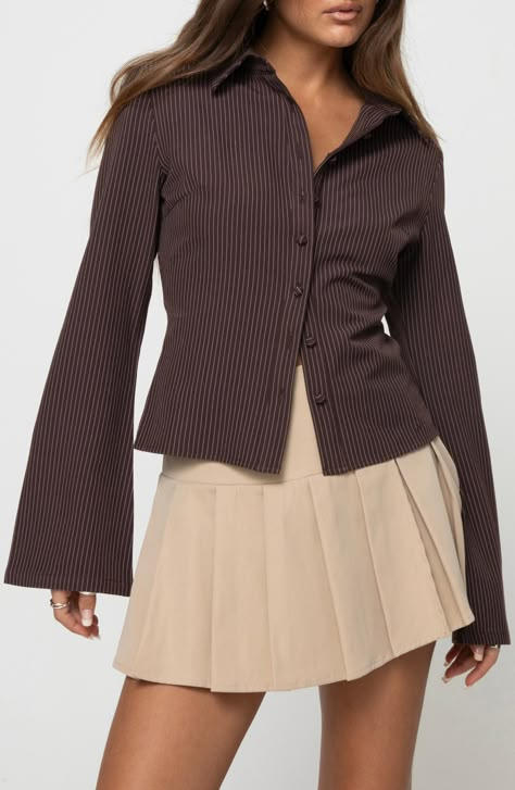 Princess Polly Anni Pinstripe Button-Up Shirt | Nordstrom Corporate Girl, Form Outfits, Sixth Form Outfits, Wag Dr, Corporate Baddie, Sixth Form, Work Fits, Long Sleeved Shirt, Cardigan Long