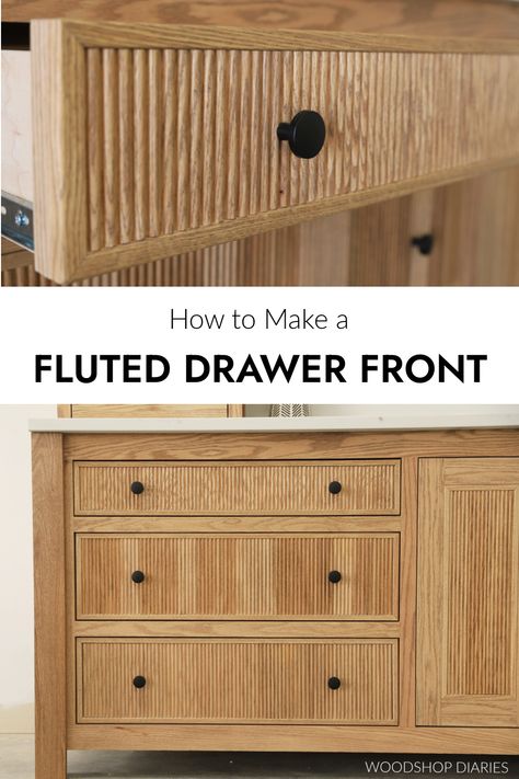 How to Make a Fluted Drawer Front Dresser Makeover Fluted, Diy Fluted Drawer Fronts, Drawer Front Design, Fluted Furniture Diy, Drawer Fronts Ideas Diy, Fluted Dresser Diy, Diy Fluted Cabinet Doors, Drawer Front Makeover, Mdf Drawers