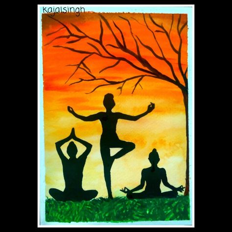 Yoga Rangoli Design, Poster On Yoga Day, Fit India Poster, Fit India Poster Drawing, Yoga Drawing Art, Yoga Symbols Art, People Doing Yoga, Yoga Art Painting, Happy Yoga Day