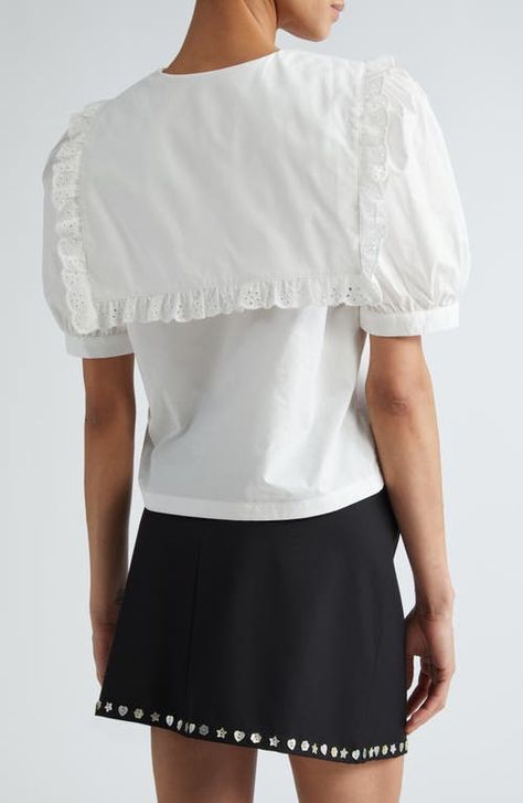 "Find SANDY LIANG Florent Puff Sleeve Cotton Poplin Button-up Shirt on Editorialist. The NYC-based designer adds another delightfully coquettish staple to her arsenal with a puffy-sleeve shirt topped with an oversized sailor collar. Sweetly scalloped eyelet and a trailing bow round out the playful aesthetic. 22\" length (size Medium) Front button closure Sailor collar Short sleeves 100% cotton Machine wash, line dry Imported Designer Clothing Asian & Pacific Islander Owned/Founded" Pilgrim Collar, Puffy Sleeve Shirt, Red Moodboard, Playful Aesthetic, Moodboard Design, Pacific Islander, Skirt Swimsuit, Aesthetic Shirt, Sandy Liang