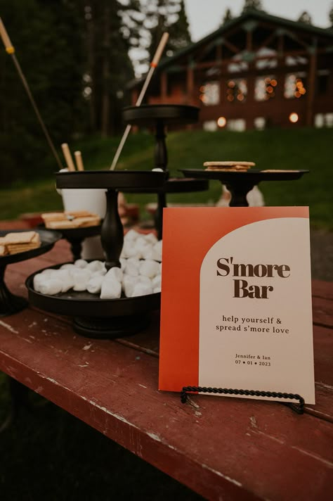 Reception Smores Bar, Camp Wedding Activities, S’more Wedding, Smores At Wedding, S’mores Set Up Wedding, Bonfire At Wedding, Wedding After Party Bonfire, Fall Camp Wedding, S’mores Wedding Bar Ideas