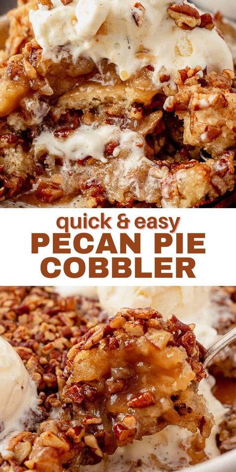 Move over traditional pecan pie because this pecan pie cobbler is just as rich and gooey, without the pie crust. It's easy to make and features all the best fall flavors like pecans and a brown sugar caramel center. Pecan Cobbler Recipe, Pecan Desserts Recipes, Brown Sugar Caramel, Pecan Pie Cobbler, Easy Pecan Pie, Cobbler Recipes Easy, Bourbon Caramel, Pecan Cobbler, Pecan Desserts