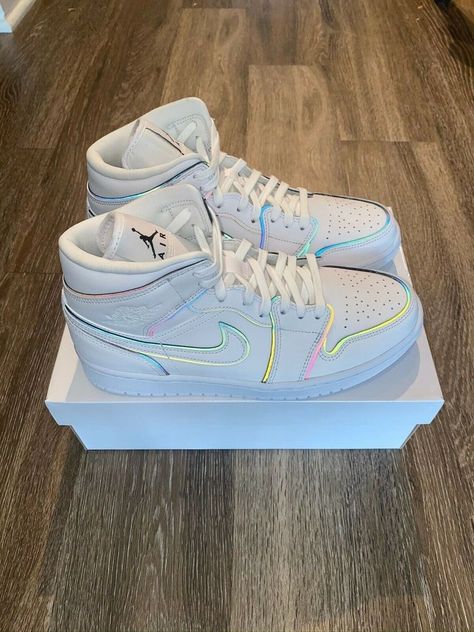 Iridescent Shoes, Air Jordan Retro 1, Air Jordans Women, Custom Shoes Diy, Nike Shoes Girls, Jordan Shoes Girls, Jordan Retro 1, Nike Shoes Jordans, 3m Reflective