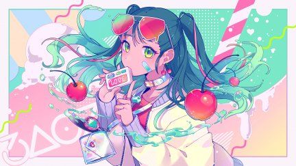 Long Hair Green Eyes Blue Hair Cherry Plum Red Glasses Choker Purse Anime Girls Anime Love Colorful Cherries Anime Anime Background Aesthetic Anime