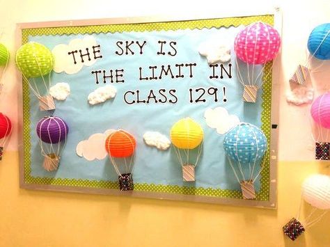 The Sky is the Limit in Class... a sweet and easy bulletin board! Hot Air Balloon Classroom Theme, Hot Air Balloon Classroom, Hot Air Balloon Theme, Balloon Theme, Spring Bulletin, Spring Bulletin Boards, Preschool Bulletin, Classroom Doors, Preschool Bulletin Boards